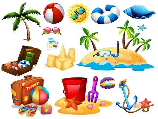 Set de verano con juguetes e isla. vector