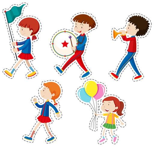 Juego de pegatinas con niños caminando. vector