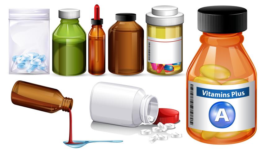 Set of different medience containers and pills vector