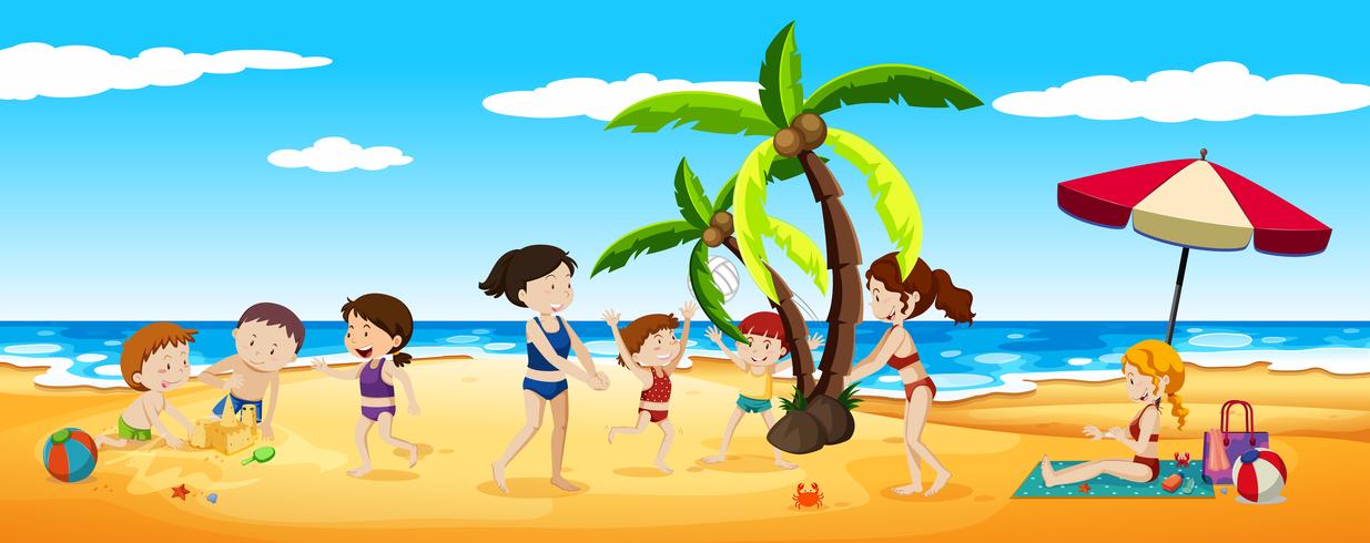 Scene of people having fun at the beach vector