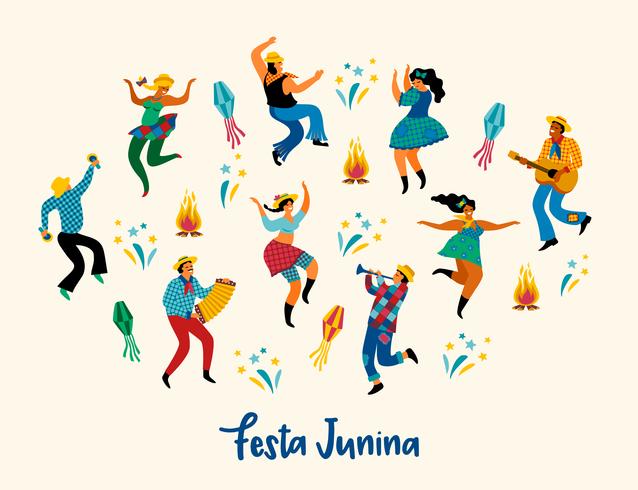 Festa Junina. Vector el ejemplo de hombres y de mujeres divertidos del baile en trajes brillantes.