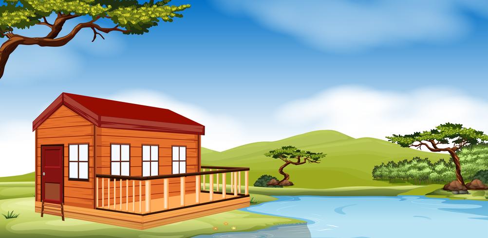 Wooden cottage by the river vector