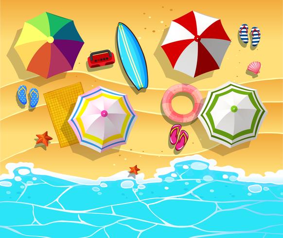 Scene with umbrellas and surfboard on the beach vector