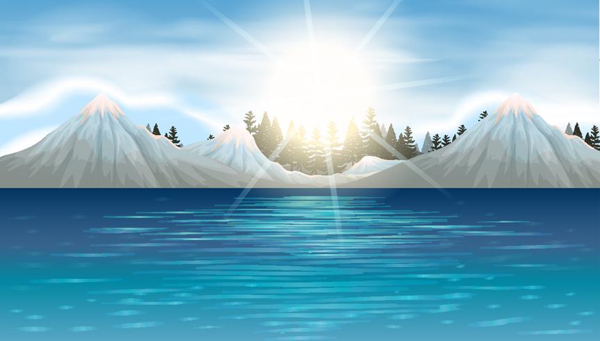 Nature scene with snow mountains and lake vector