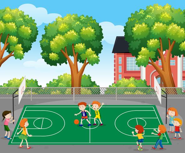 Niños jugando escena de baloncesto vector