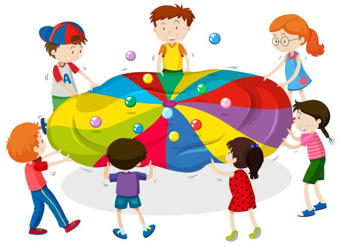 Kids playing game of balancing balls on sheet vector