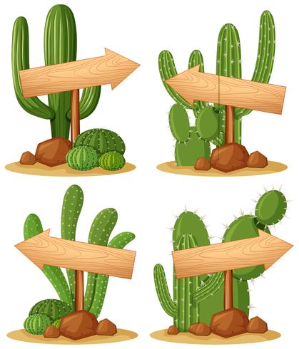 Carteles de madera en jardín de cactus. vector