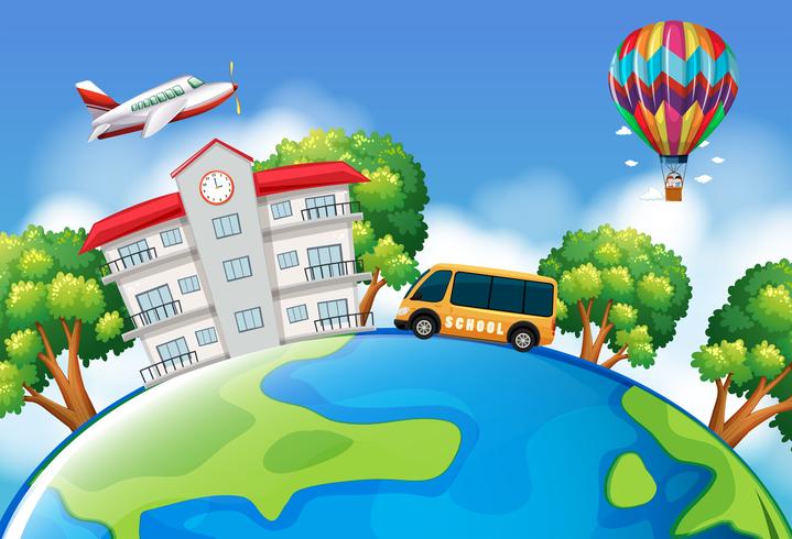 Schoolbus and building on earth vector