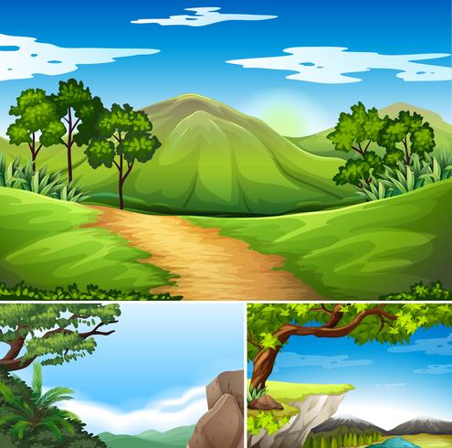 Tres escenas con montañas durante el día. vector