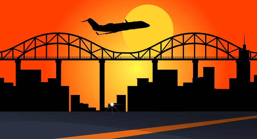 Background scene with airplane flying over city buildings vector