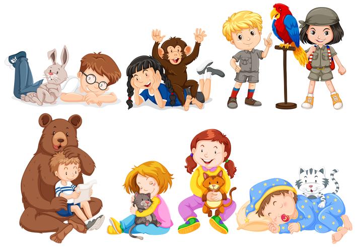 Children and many kinds of pets vector