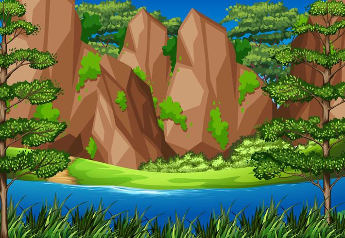 River scene with mountains in forest vector