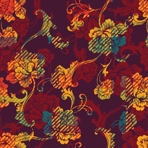 Eclectic fabric plaid seamless pattern with baroque ornament. vector