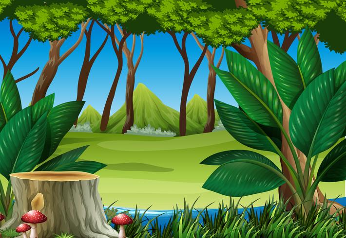 Forest scene with stump tree and mountains vector