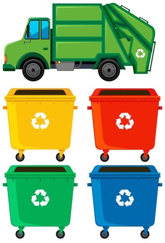 Different color trashcans and truck vector