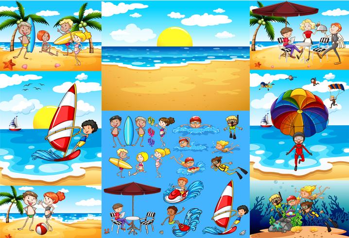 Ocean scenes with tourists having fun vector