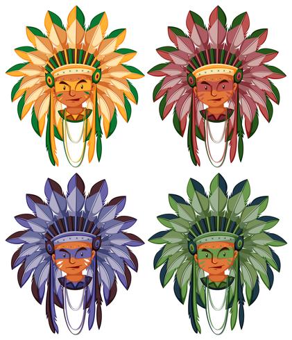 Cuatro cabezas de indios nativos americanos. vector