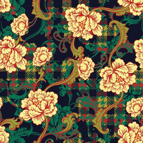 Eclectic fabric plaid seamless pattern with baroque ornament. vector