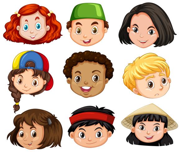 Diferentes rostros de niños y niñas. vector