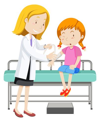 Doctor helping young girl with broken arm vector