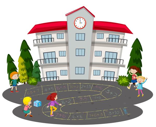 Children playing hopscotch in front of a school vector