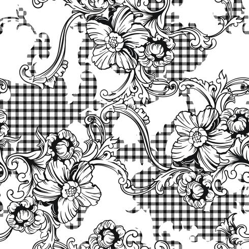 Tejido ecléctico a cuadros de patrones sin fisuras con adorno barroco. vector