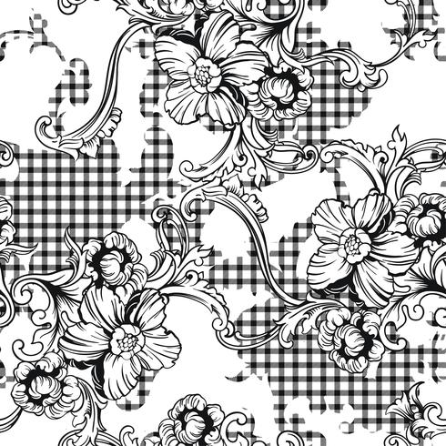 Eclectic fabric plaid seamless pattern with baroque ornament. vector
