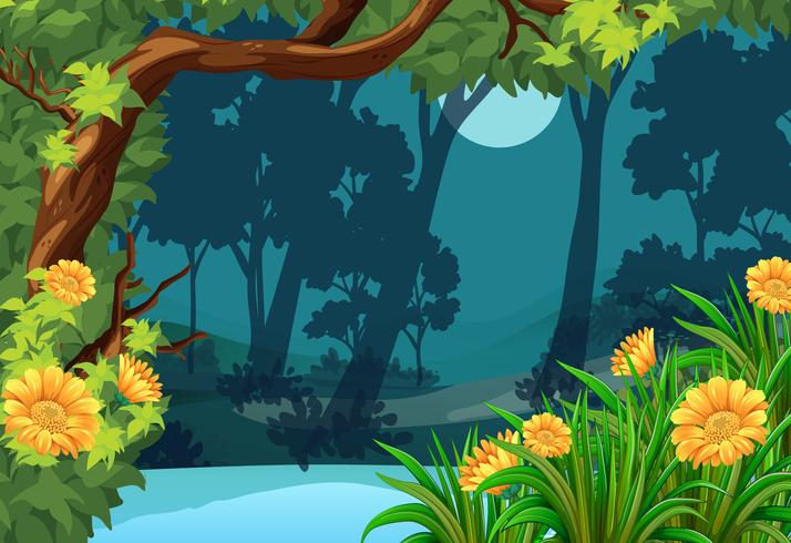 Forest scene with flowers and moon vector