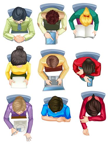 Set of people sitting at desk aerial view vector