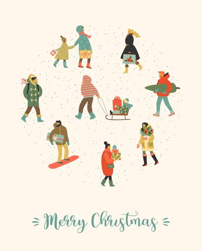 Christmas and Happy New Year illustration whit people. Trendy retro style. vector