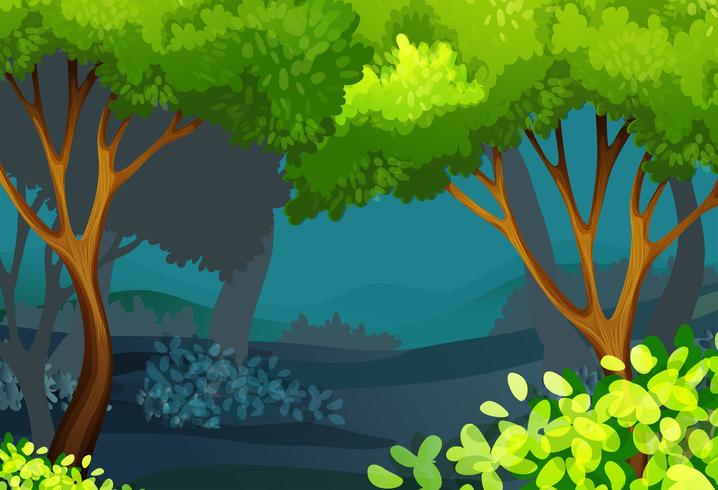 Forest scene with trees and bush vector