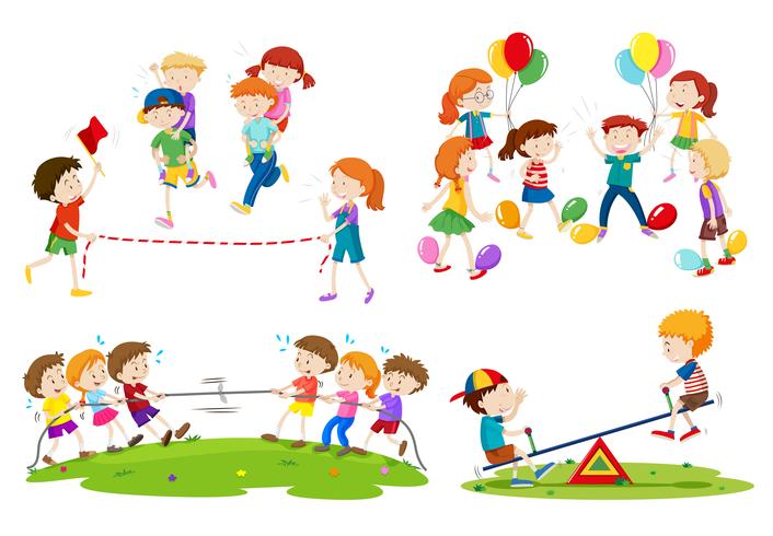 Niños jugando diferentes juegos. vector