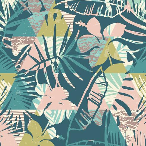 Seamless exotic pattern with tropical plants and geometric background. vector