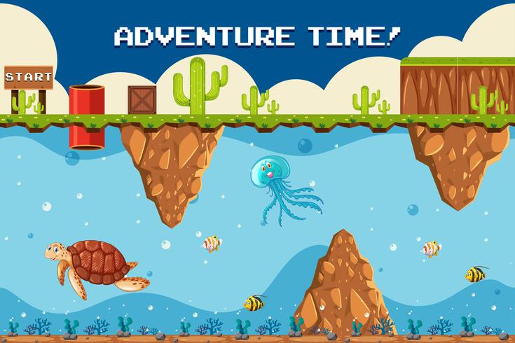 Juego de aventuras, tema submarino en el punto de inicio. vector