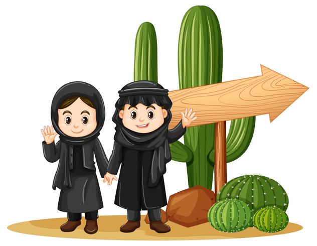 Wooden sign and two arab kids vector