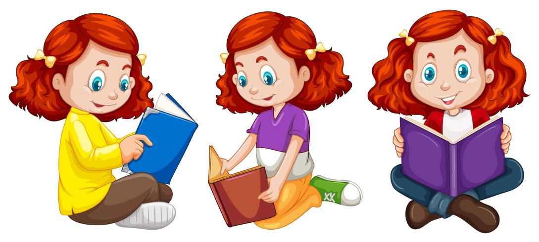 Three actions of girl reading book vector