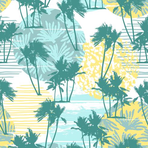 Seamless exotic pattern with tropical palms and geometric background. vector