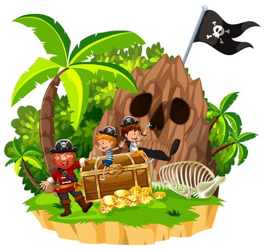 Pirata y niños en la isla vector