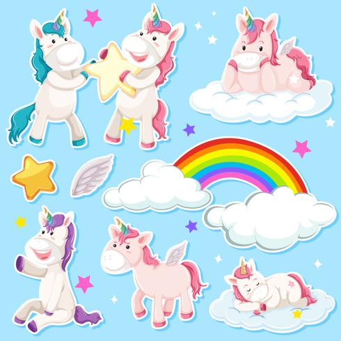 Conjunto de pegatina de unicornio. vector