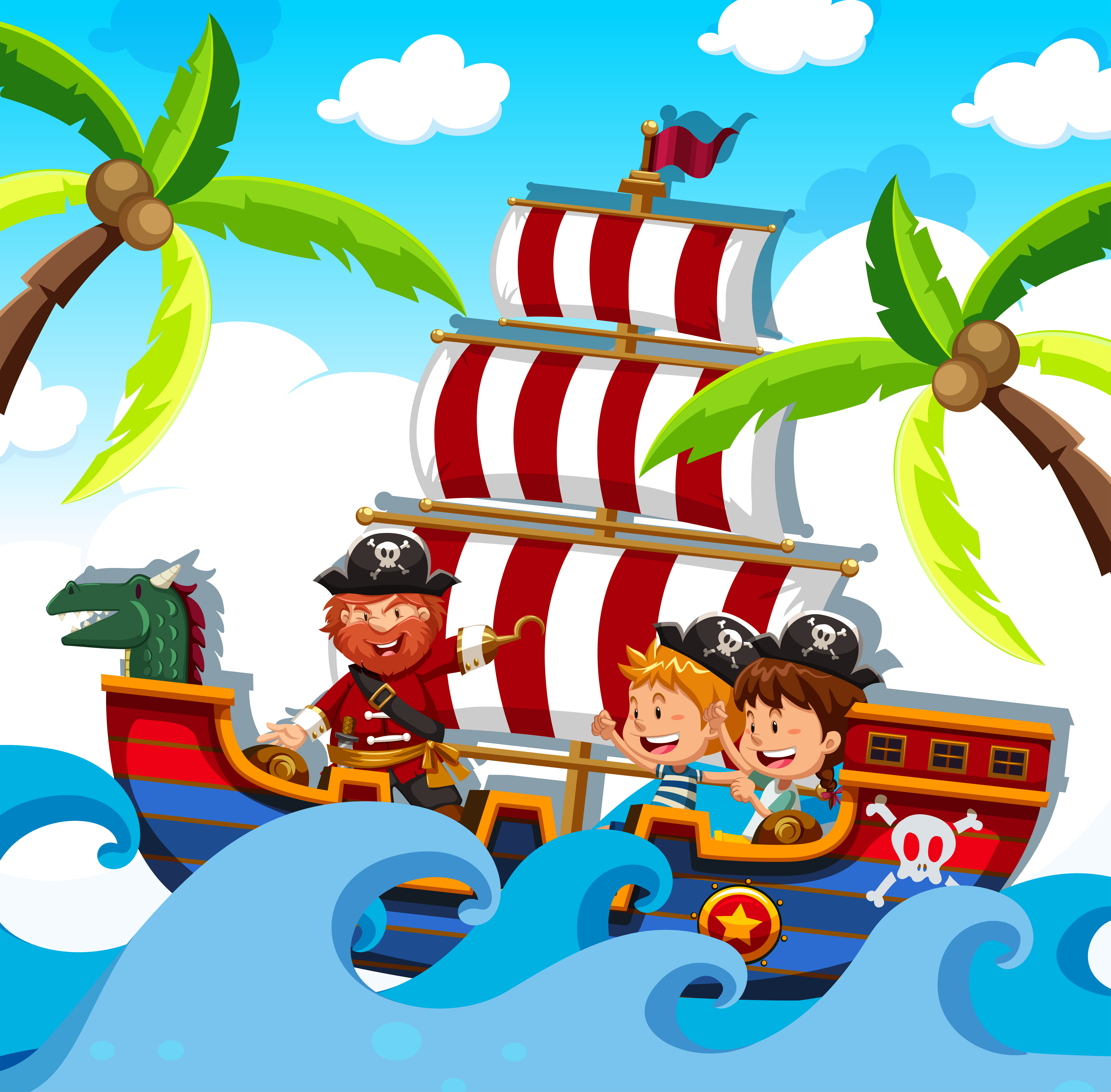 A Pirate With Happy Kids On Ship 302566 Vector Art At Vecteezy