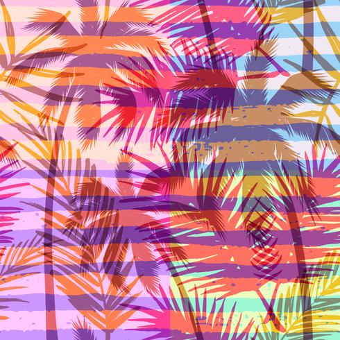 Seamless exotic pattern with tropical palm on geometric background in bright color. vector