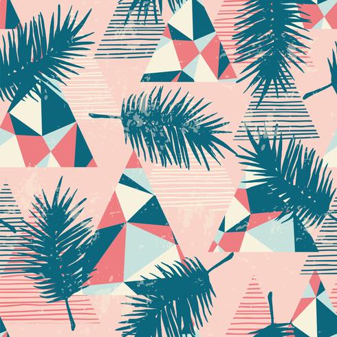 Seamless exotic pattern with tropical palm leaves on geometric background. vector