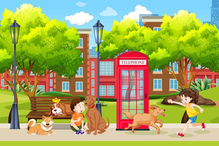 Children and dog at the park vector