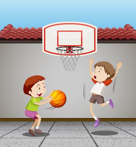 Dos niños jugando baloncesto en casa vector