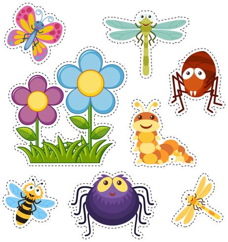 Sticker set with flowers and bugs vector