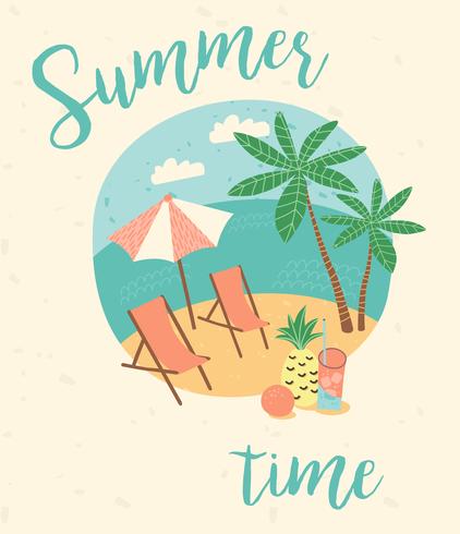 Summer vacation illustration. Flat cartoon retro style. vector