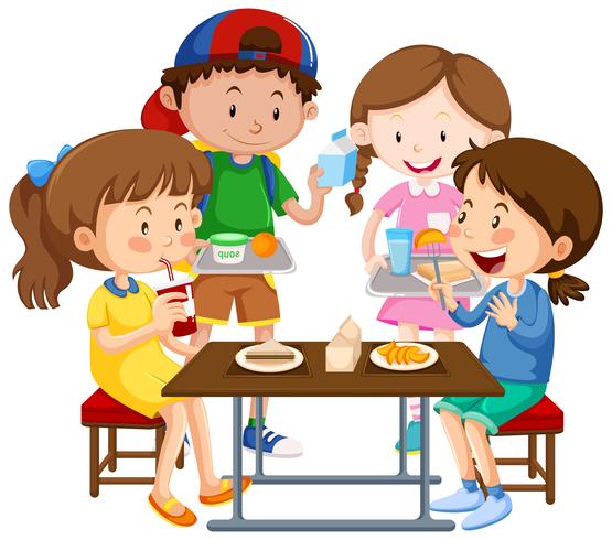 Grupo de niños comiendo juntos vector