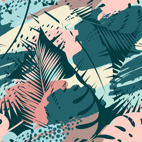 Seamless exotic pattern with tropical plants and artistic background vector