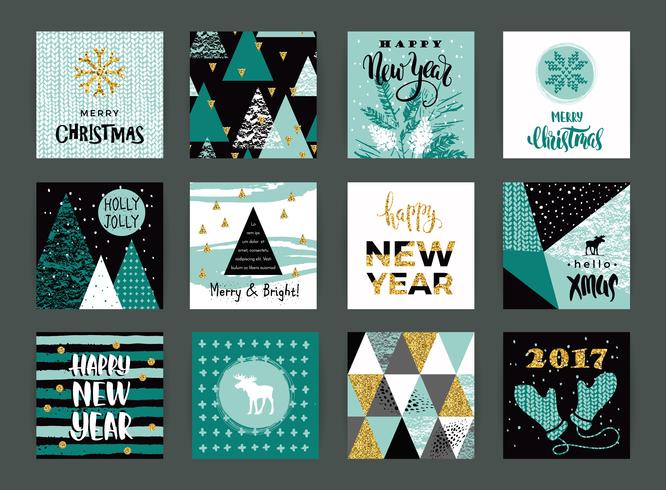 Conjunto de tarjetas creativas artísticas de feliz Navidad y año nuevo. vector