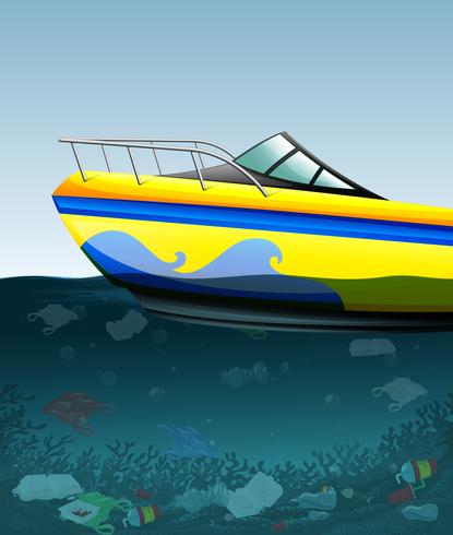 Speed boat over the polluted ocean vector